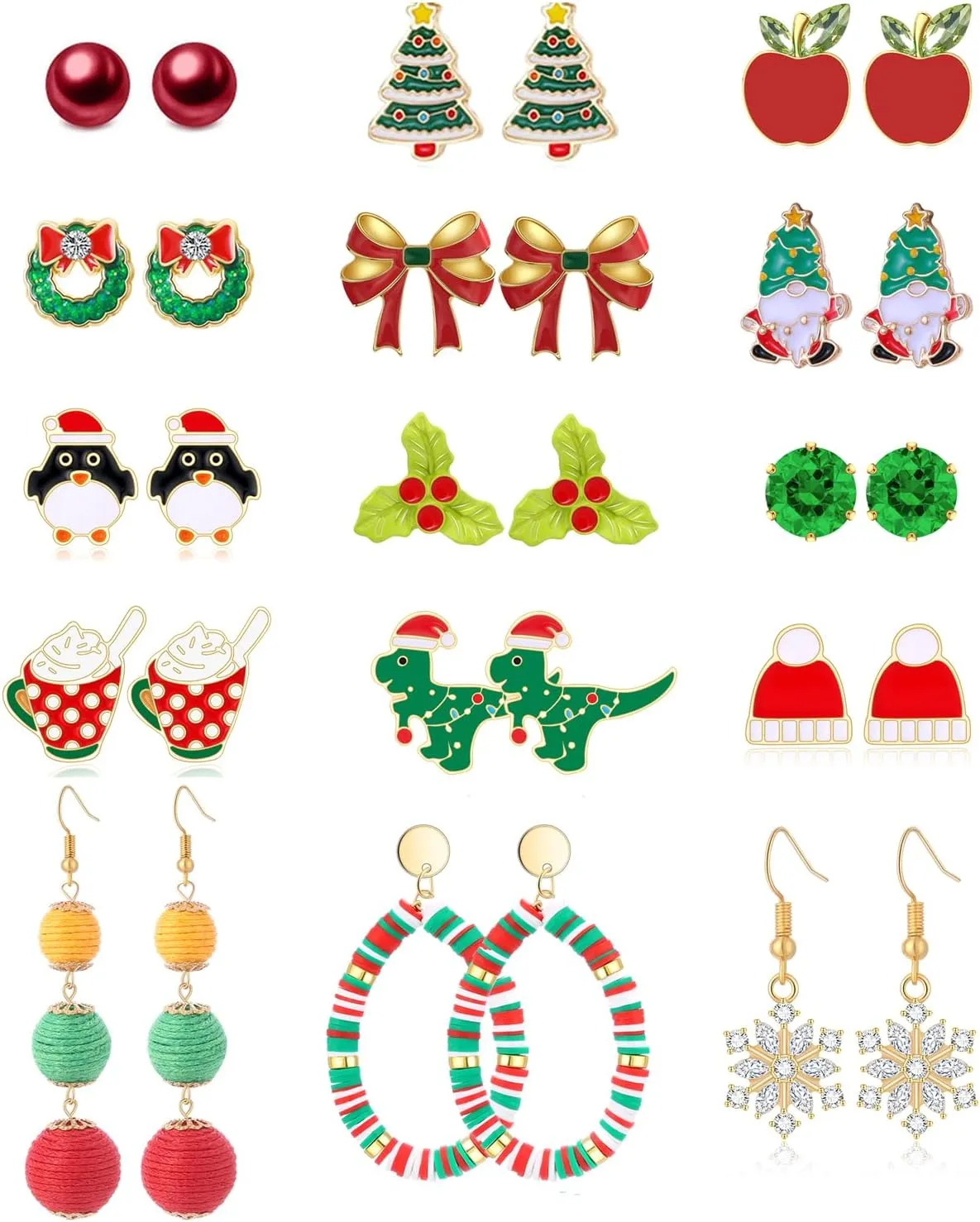 15 Pairs Hypoallergenic Christmas Earrings Set for Teen Girls Women Christmas Holiday Jewelry Snowflake Penguin Ribbon Gnome Wreath Mistletoe Christmas Tree Earrings for Women Christmas Earrings Bulk