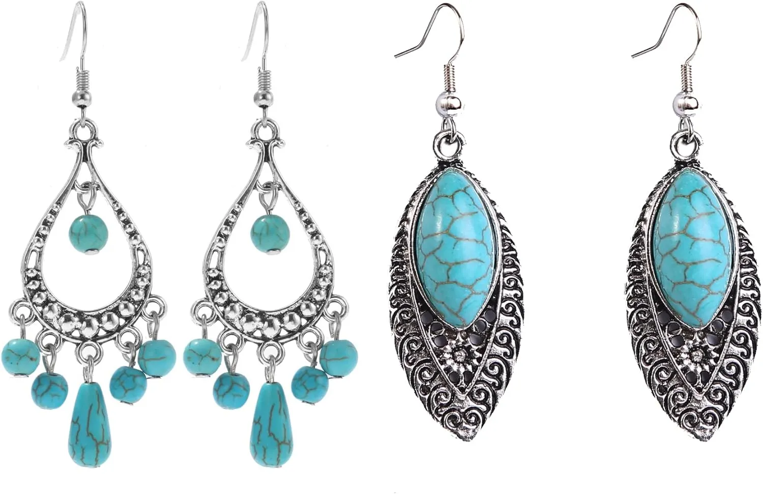 2Pair Turquoise Earrings Boho Metal Turquoise Earrings for Women Fashion Green Stone Drop Turquoise Earrings Set