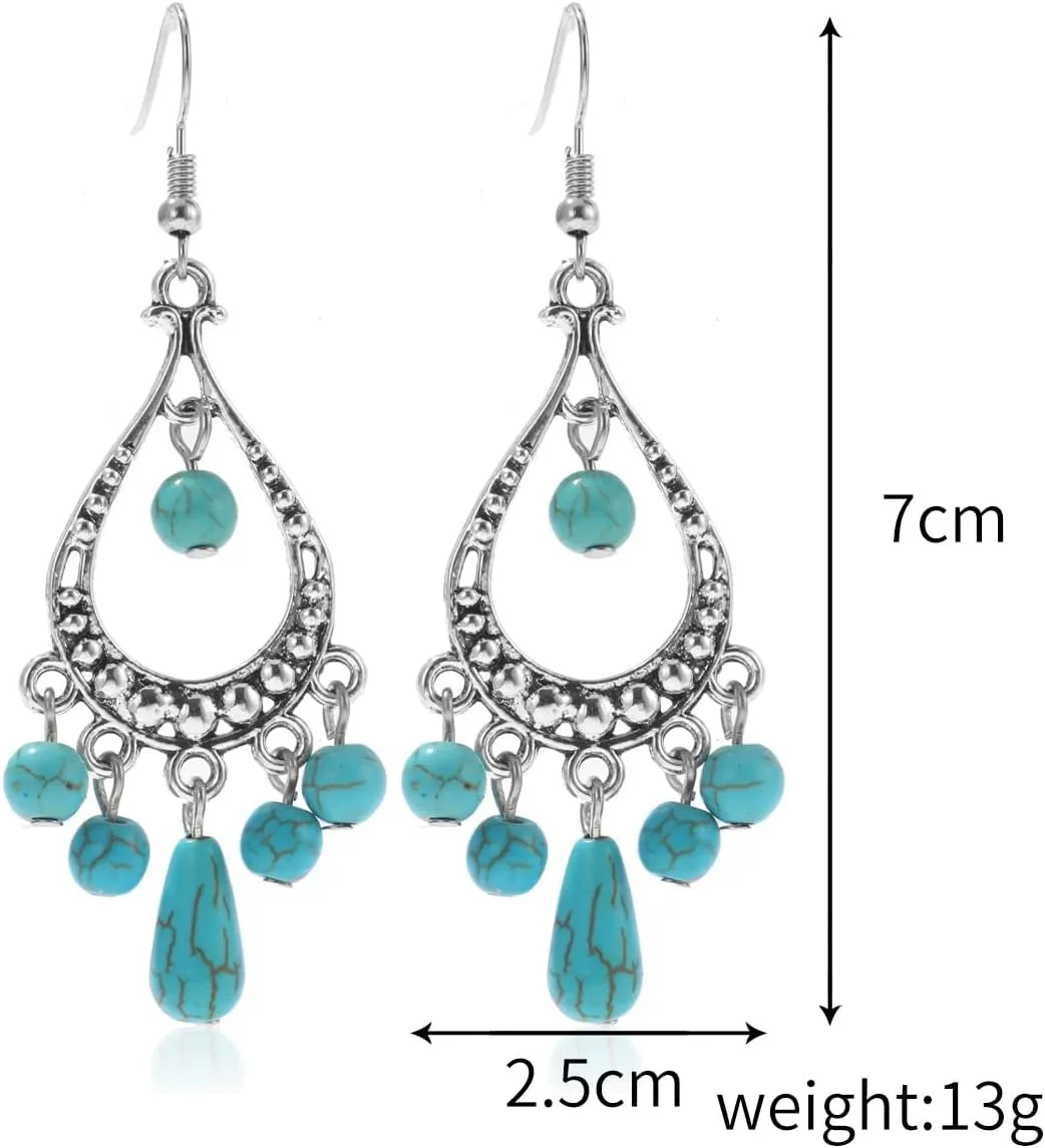2Pair Turquoise Earrings Boho Metal Turquoise Earrings for Women Fashion Green Stone Drop Turquoise Earrings Set