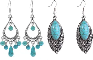 2Pair Turquoise Earrings Boho Metal Turquoise Earrings for Women Fashion Green Stone Drop Turquoise Earrings Set