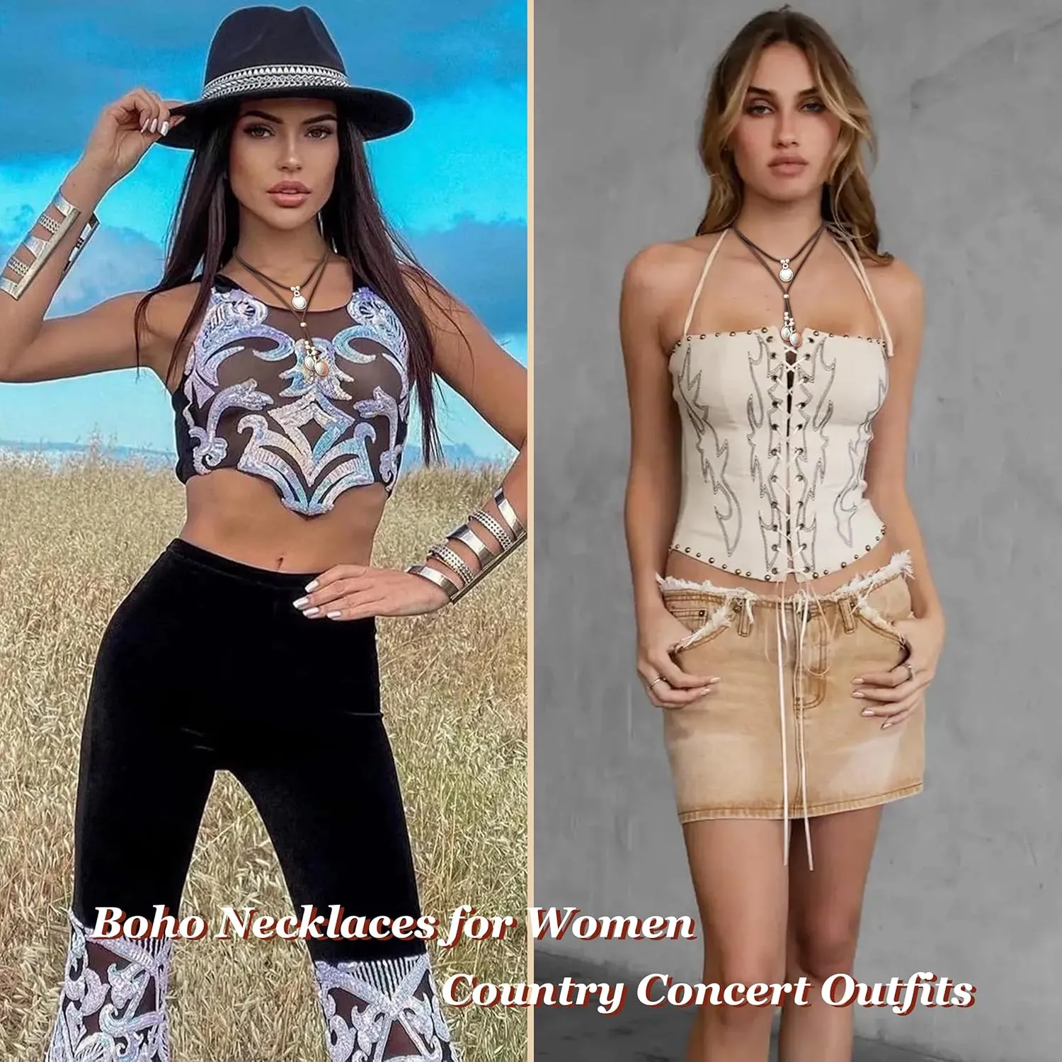 Boho Necklaces for Women Country Concert Outfits Nashville Western Outfit for Women Choker Necklaces Long Leather Necklace Western Dress Jewelry Country Cowgirl Accessories Gifts