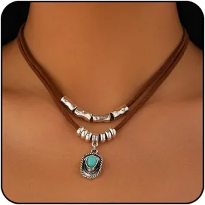 Boho Necklaces for Women Western Jewelry for Women Cowboy Cowgirl Accessories Vintage Leather Necklace with Star Cactus Beads Coin Hat Pendant Necklace Turquoise Jewelry