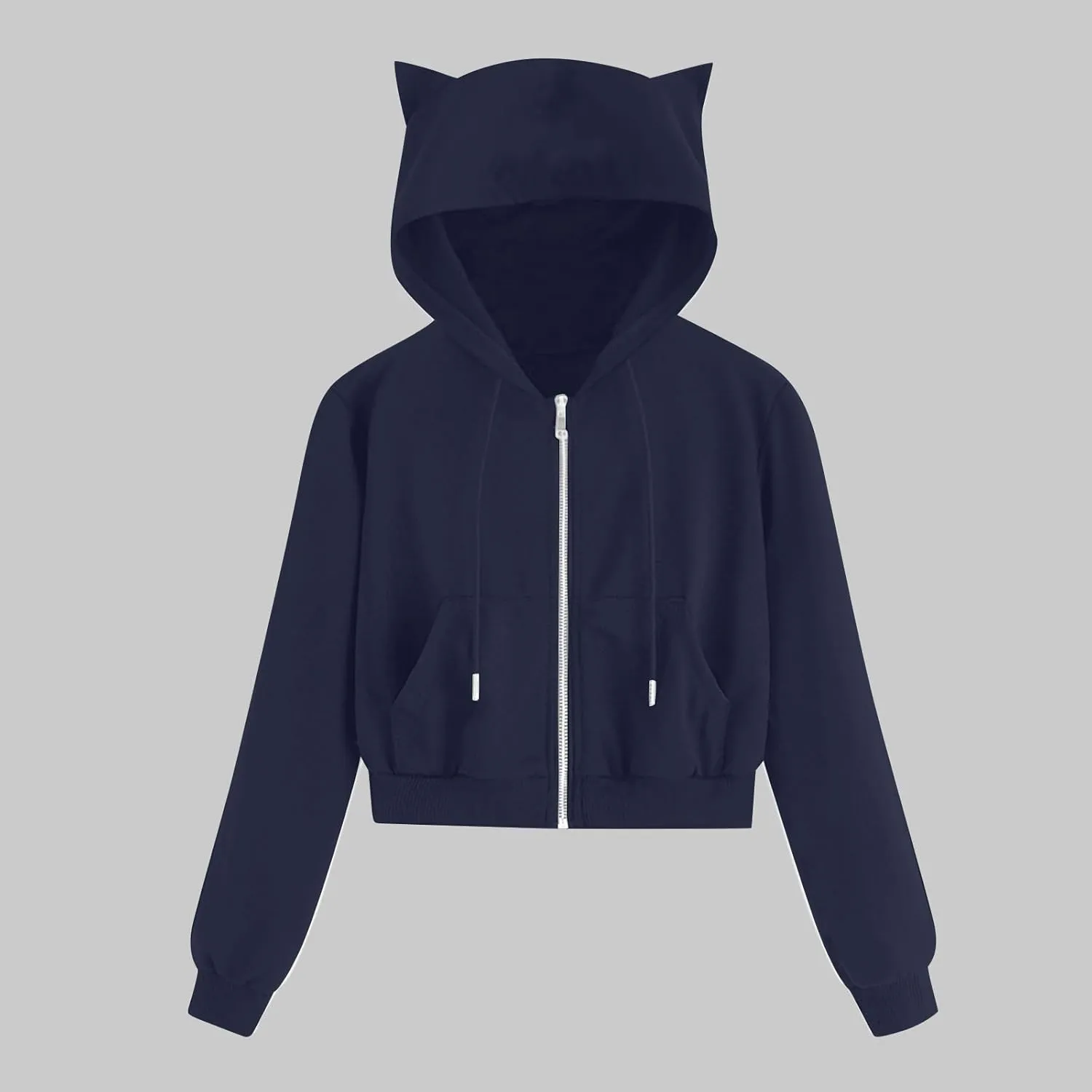 Cute Cat Ear Zip Up Hoodies for Women Teen Girls Y2K Long Sleeve Drawstring Hooded Sweatshirt Jackets with Pockets