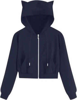 Cute Cat Ear Zip Up Hoodies for Women Teen Girls Y2K Long Sleeve Drawstring Hooded Sweatshirt Jackets with Pockets