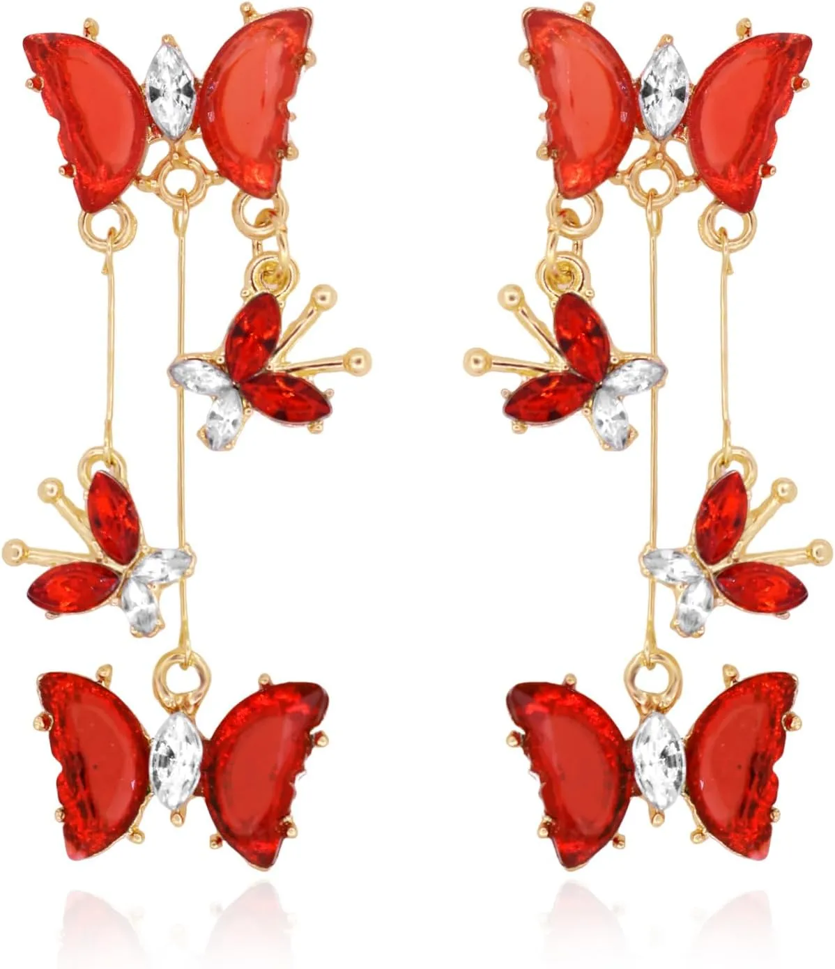 Gold Red Zirconia Butterfly Dangle Earrings for Women Fashion Crystal Drop Earrings Jewelry Earrings for Formal Party Prom Wedding
