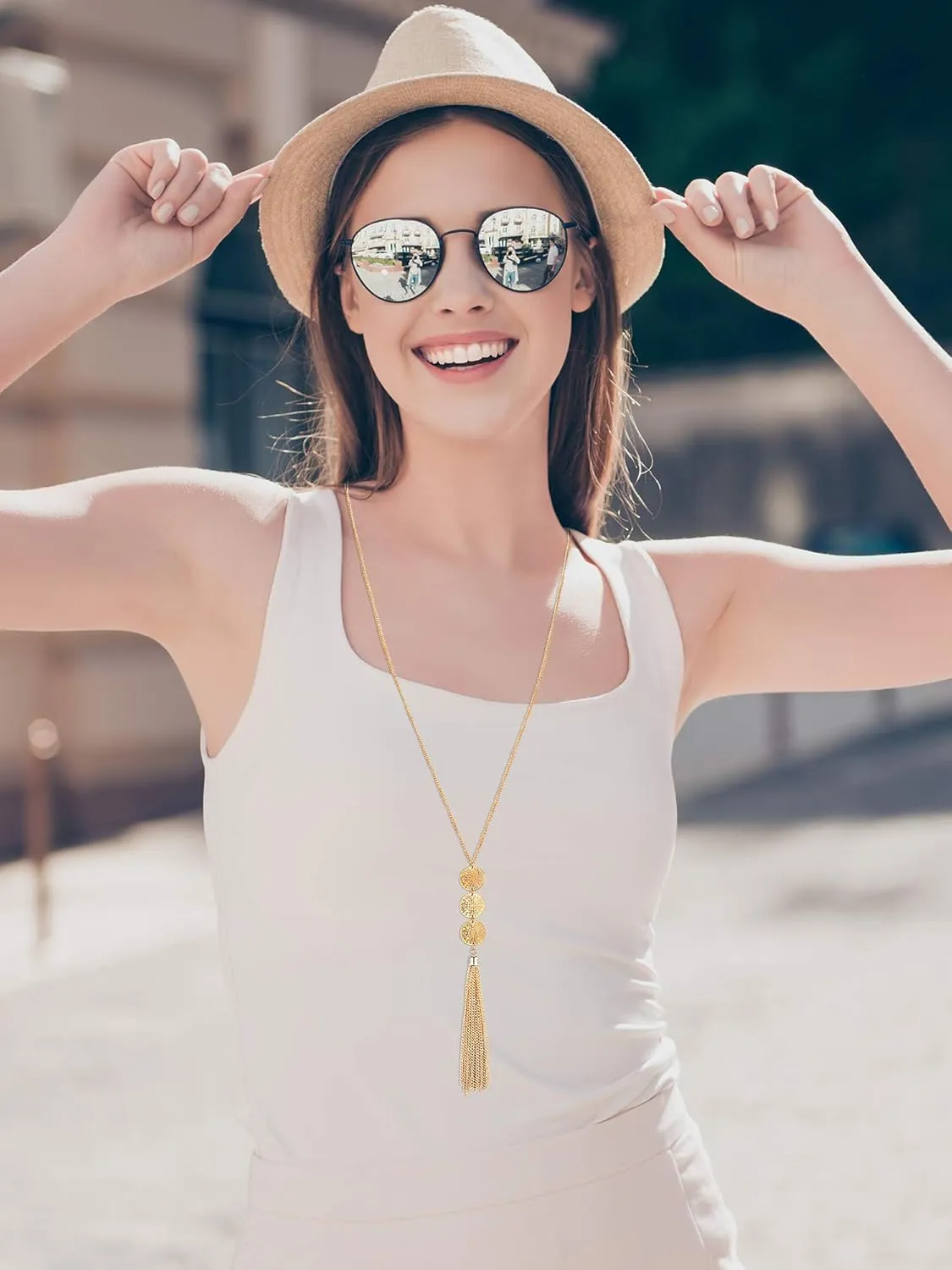 Hicarer 12 Pieces Long Pendant Necklace Set Y Tassel Leaf Circle Bar Necklace for Women