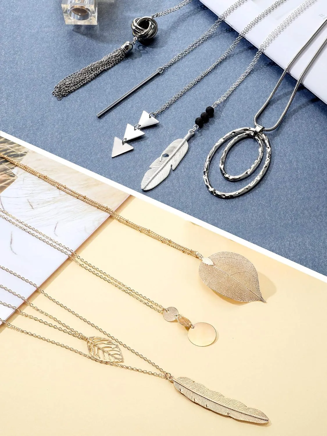 Hicarer 12 Pieces Long Pendant Necklace Set Y Tassel Leaf Circle Bar Necklace for Women