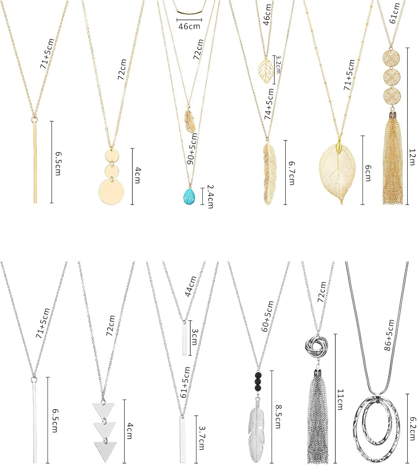 Hicarer 12 Pieces Long Pendant Necklace Set Y Tassel Leaf Circle Bar Necklace for Women