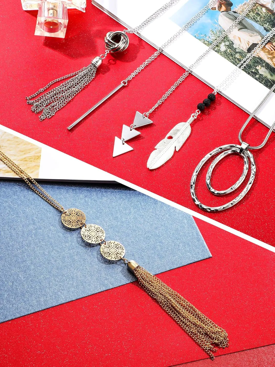 Hicarer 12 Pieces Long Pendant Necklace Set Y Tassel Leaf Circle Bar Necklace for Women