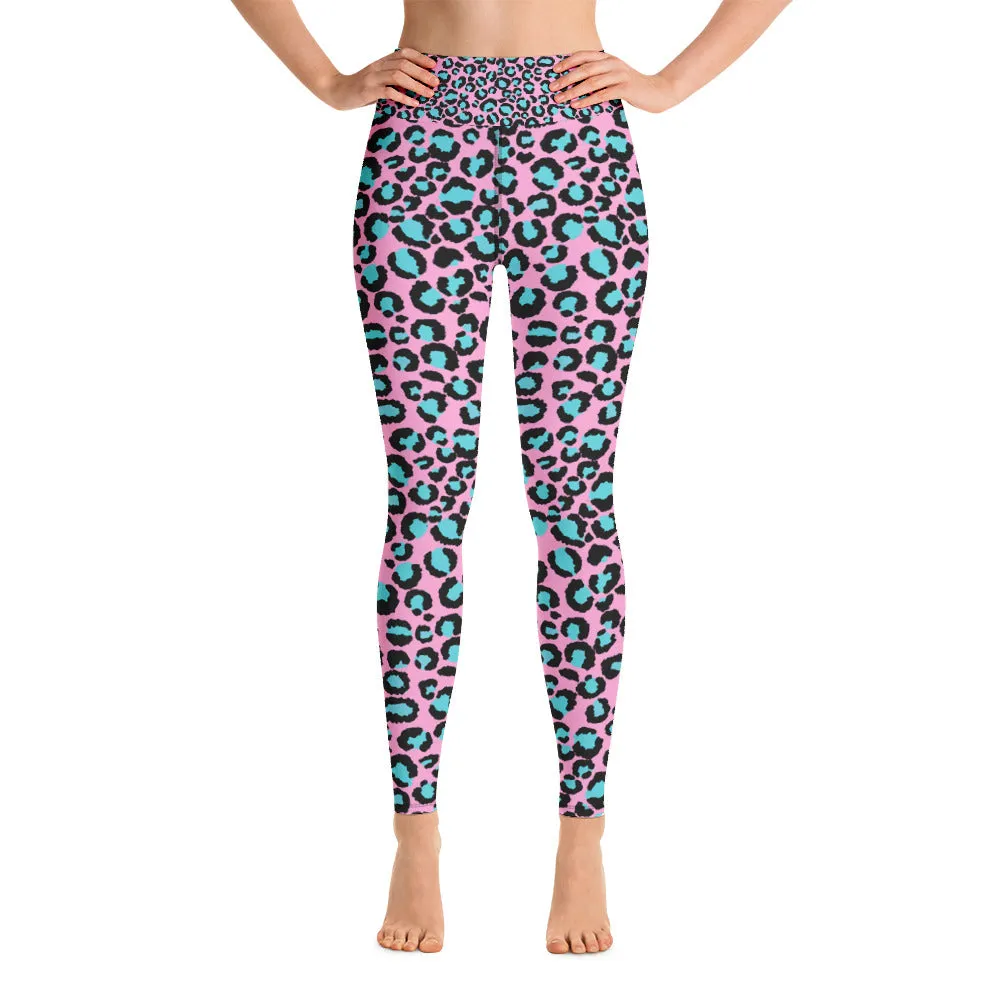 Pink & Turquoise Leopard Print Ladies Yoga Leggings