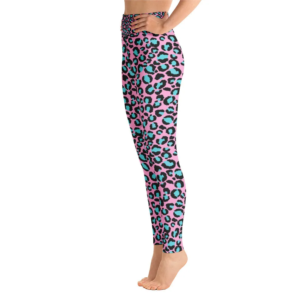Pink & Turquoise Leopard Print Ladies Yoga Leggings