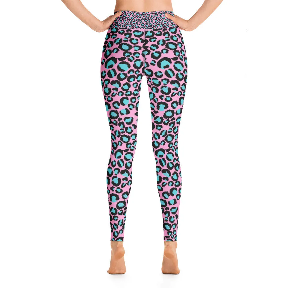 Pink & Turquoise Leopard Print Ladies Yoga Leggings