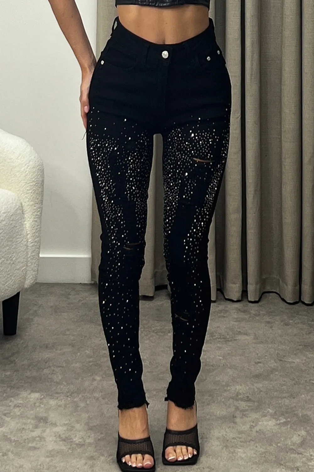 Sohanna Black Rhinestone Embellished Distressed Skinny Denim Jeans