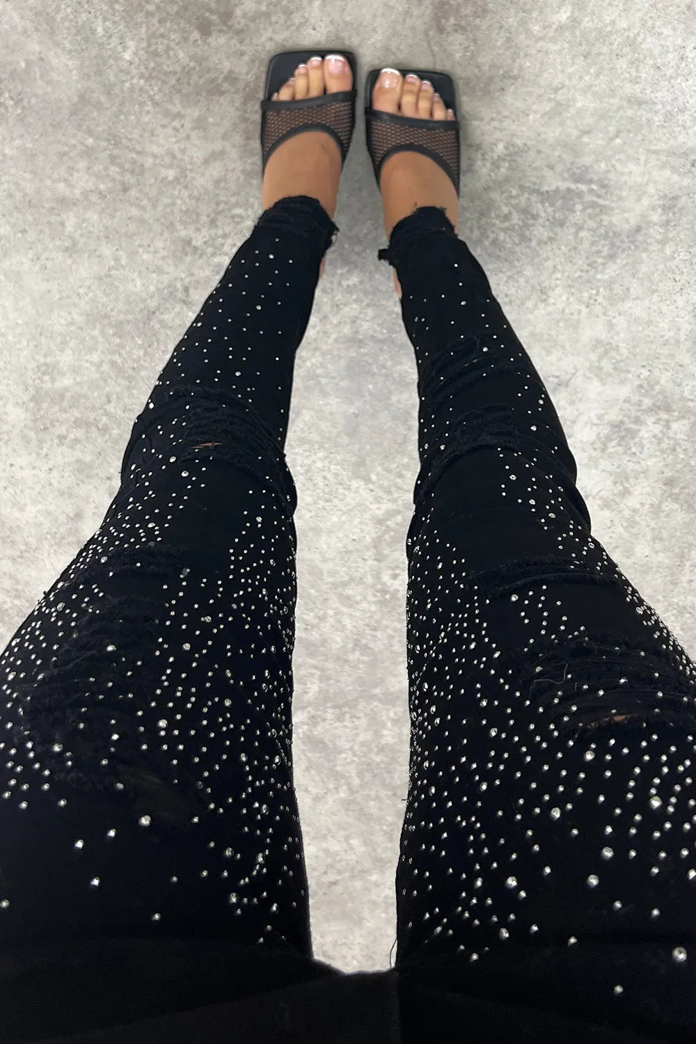 Sohanna Black Rhinestone Embellished Distressed Skinny Denim Jeans