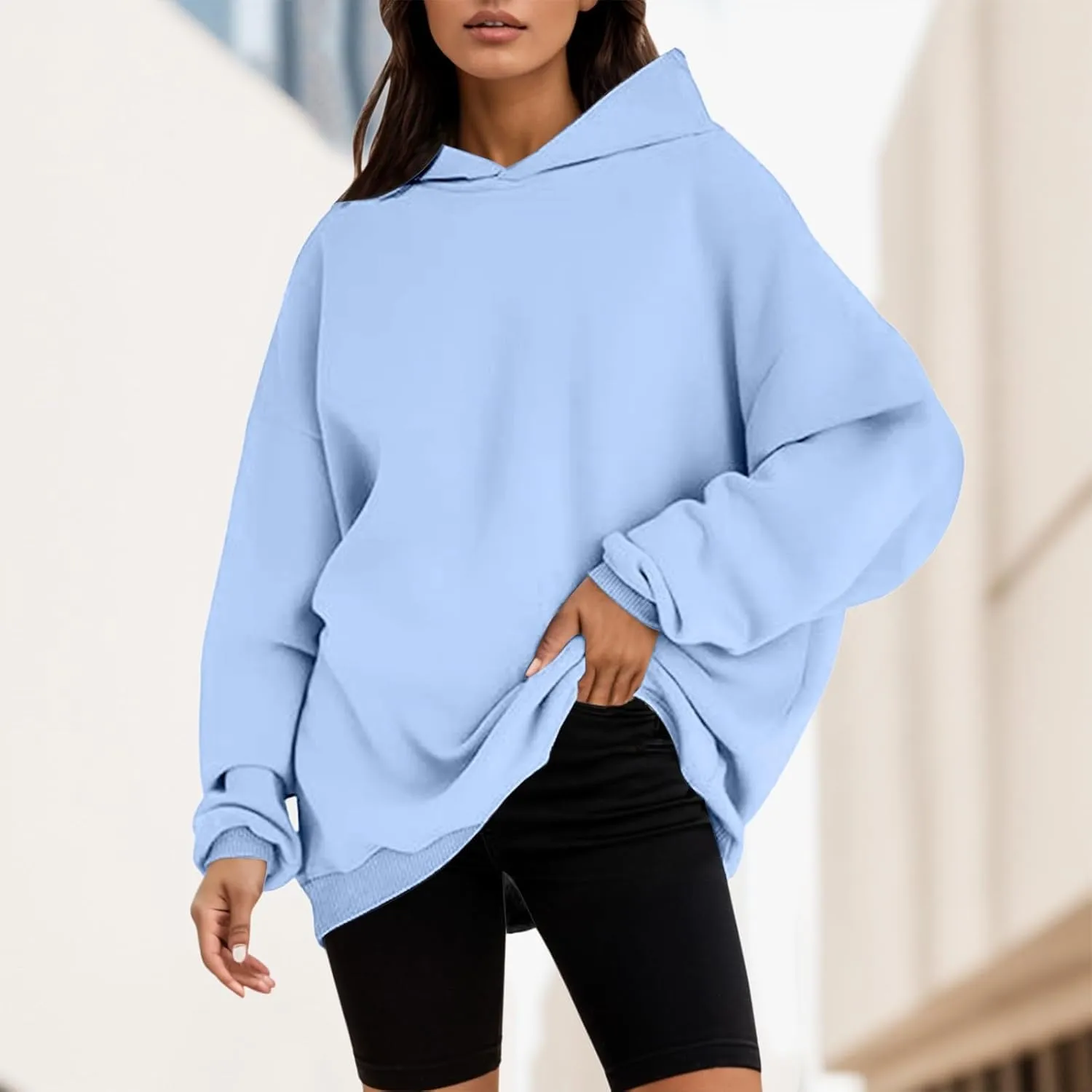 Women's Casual Hoodies Long Sleeve Oversized Sweatshirts Solid Color Fall Fashion Pullover Tops Outfit Winter Clothes